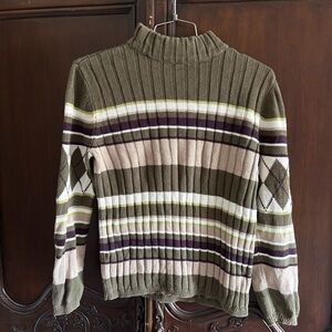 Y2K Meg Allen Liz Claiborne Green & Brown Striped Mock Neck Swearer XL